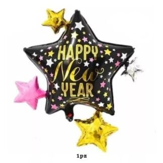 GLOBO METALICO NEGRO ELEGANTE ESTRELLAS DORADAS "FELIZ AÑO NUEVO" 1PZ