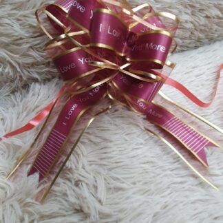 MOÑO TELA DECORATIVO "I LOVE YOU MORE" FUCSIA / VINO Y ORO 1 PZA