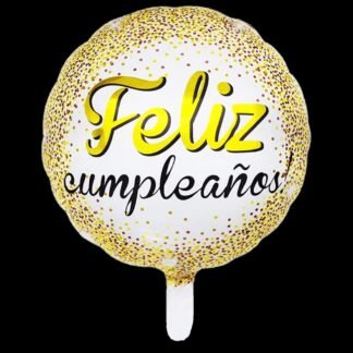 GLOBO METALICO REDONDO BLANCO DORADO "FELIZ CUMPLEAÑOS" FIESTA 1 PZA