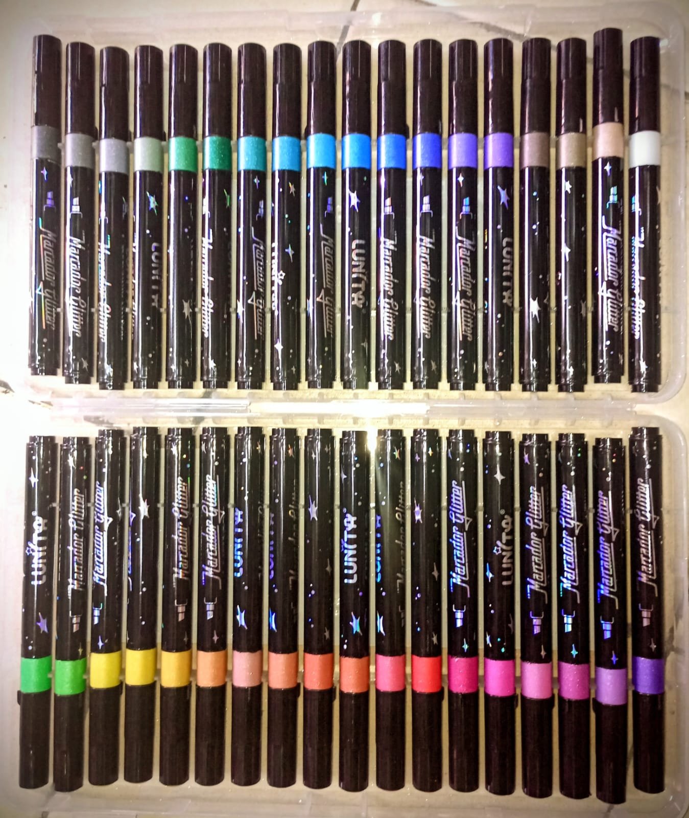 PLUMONES ACRILICOS 36 PZS CON GLITTER PUNTA CINCEL LARGA DURACION - Imagen 2