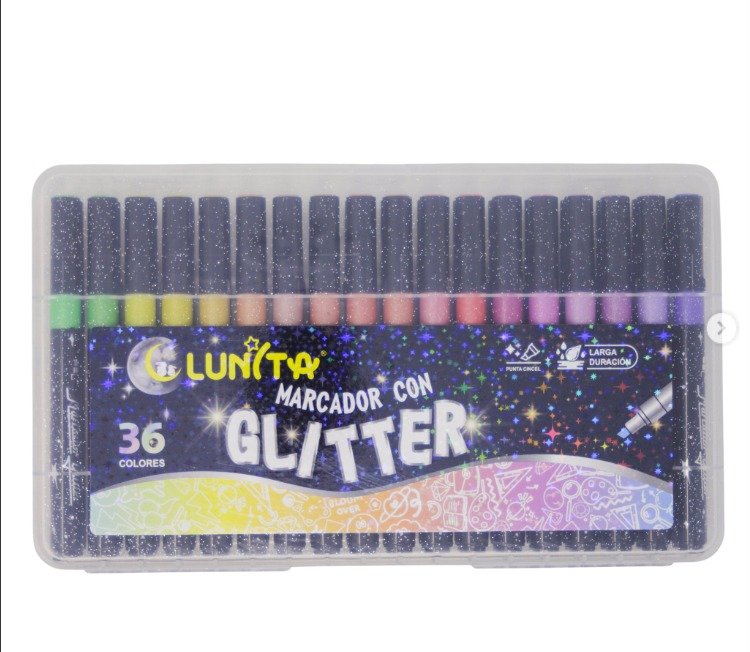PLUMONES ACRILICOS 36 PZS CON GLITTER PUNTA CINCEL LARGA DURACION