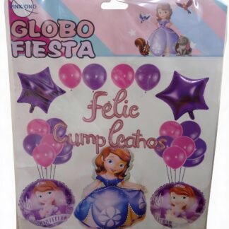 SET DE GLOBOS METALICOS FELIZ CUMPLEAÑOS CON TEMATICA PRINCESA SOFIA
